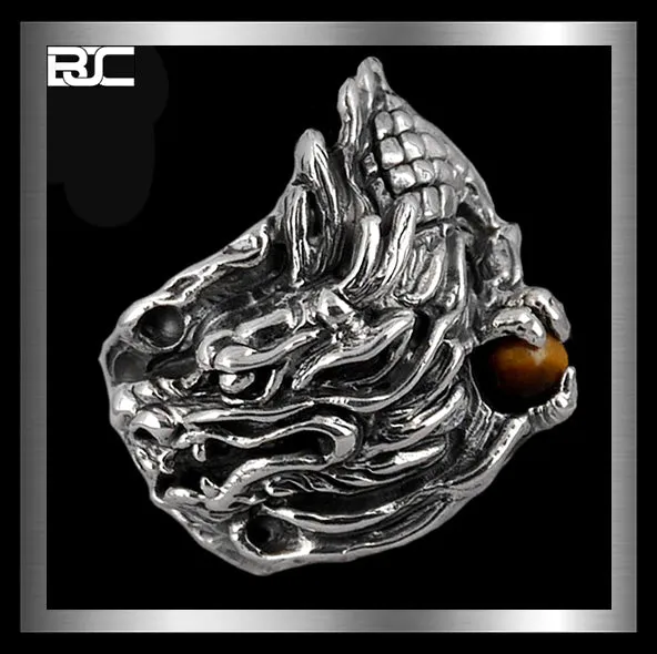 Sterling Silver Biker Dragon Tiger Eye Ring