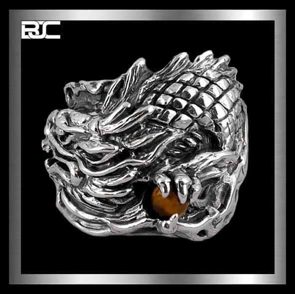 Sterling Silver Biker Dragon Tiger Eye Ring