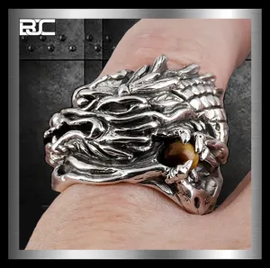 Sterling Silver Biker Dragon Tiger Eye Ring