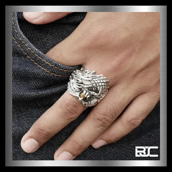 Sterling Silver Biker Dragon Tiger Eye Ring