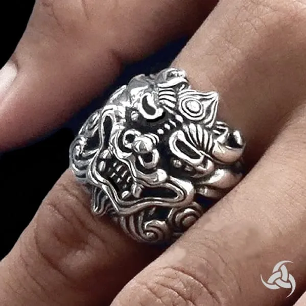 Sterling Silver Japanese Foo Lion Shisha Dog Biker Ring