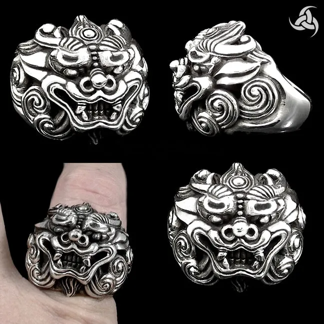 Sterling Silver Japanese Foo Lion Shisha Dog Biker Ring