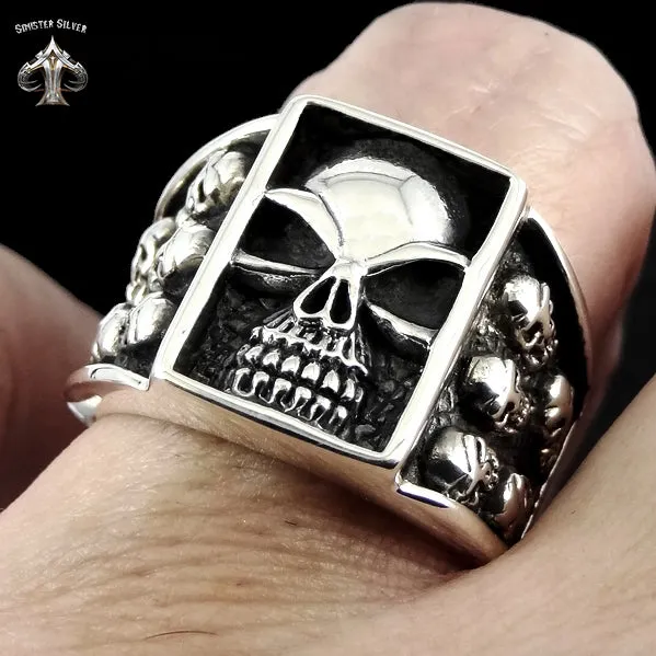 Sterling Silver Skull Gang Biker Ring