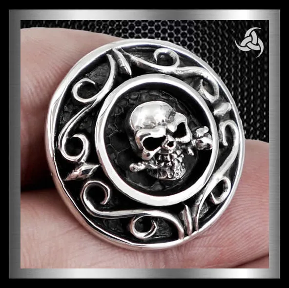 Sterling Silver Sugar Skull Rose Biker Concho