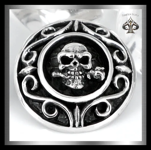 Sterling Silver Sugar Skull Rose Biker Concho