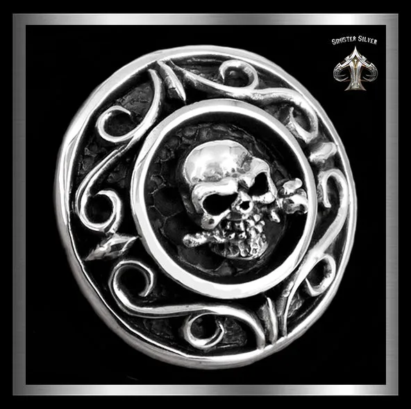 Sterling Silver Sugar Skull Rose Biker Concho