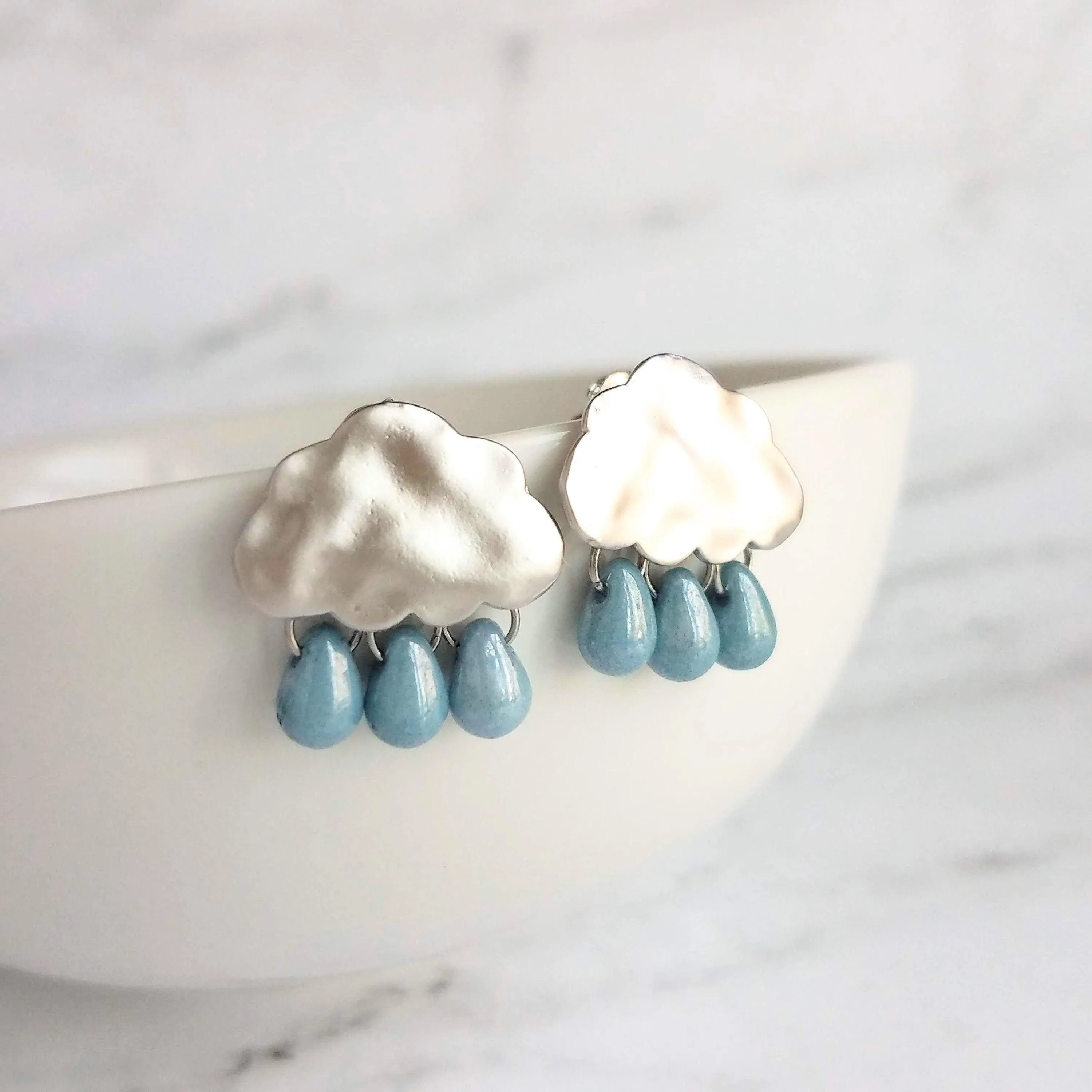 Storm Cloud Earrings - silver cloud earring, blue grey raindrop, sterling silver post, raindrop earring, rain earring, raining cloud earring
