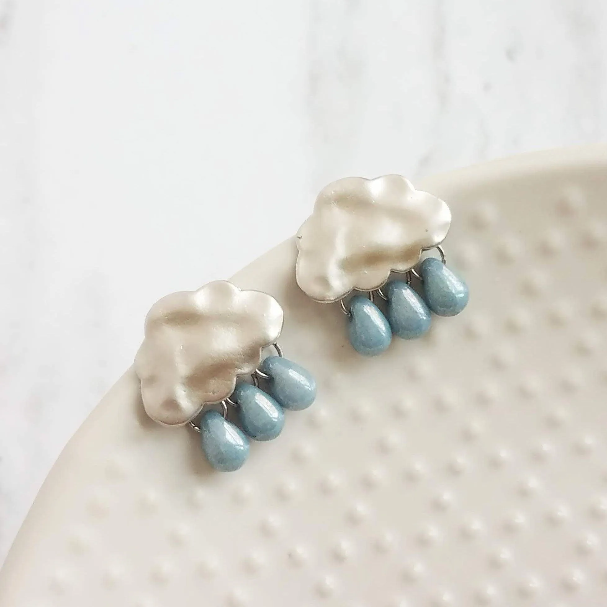 Storm Cloud Earrings - silver cloud earring, blue grey raindrop, sterling silver post, raindrop earring, rain earring, raining cloud earring