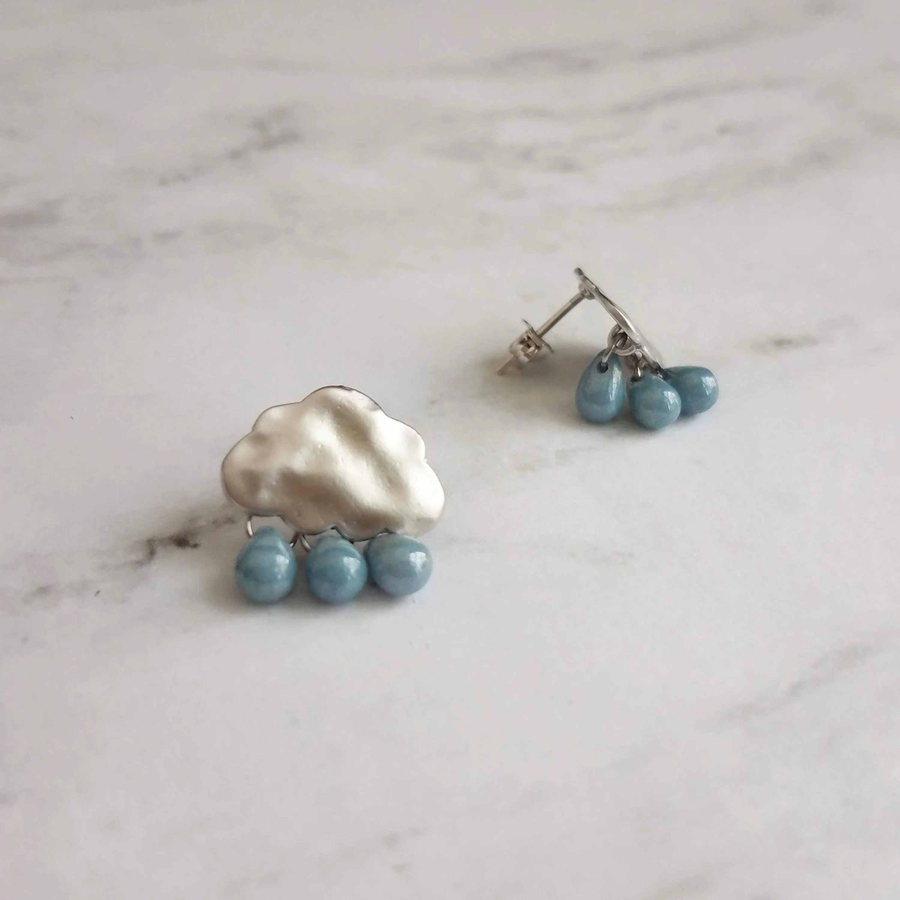 Storm Cloud Earrings - silver cloud earring, blue grey raindrop, sterling silver post, raindrop earring, rain earring, raining cloud earring