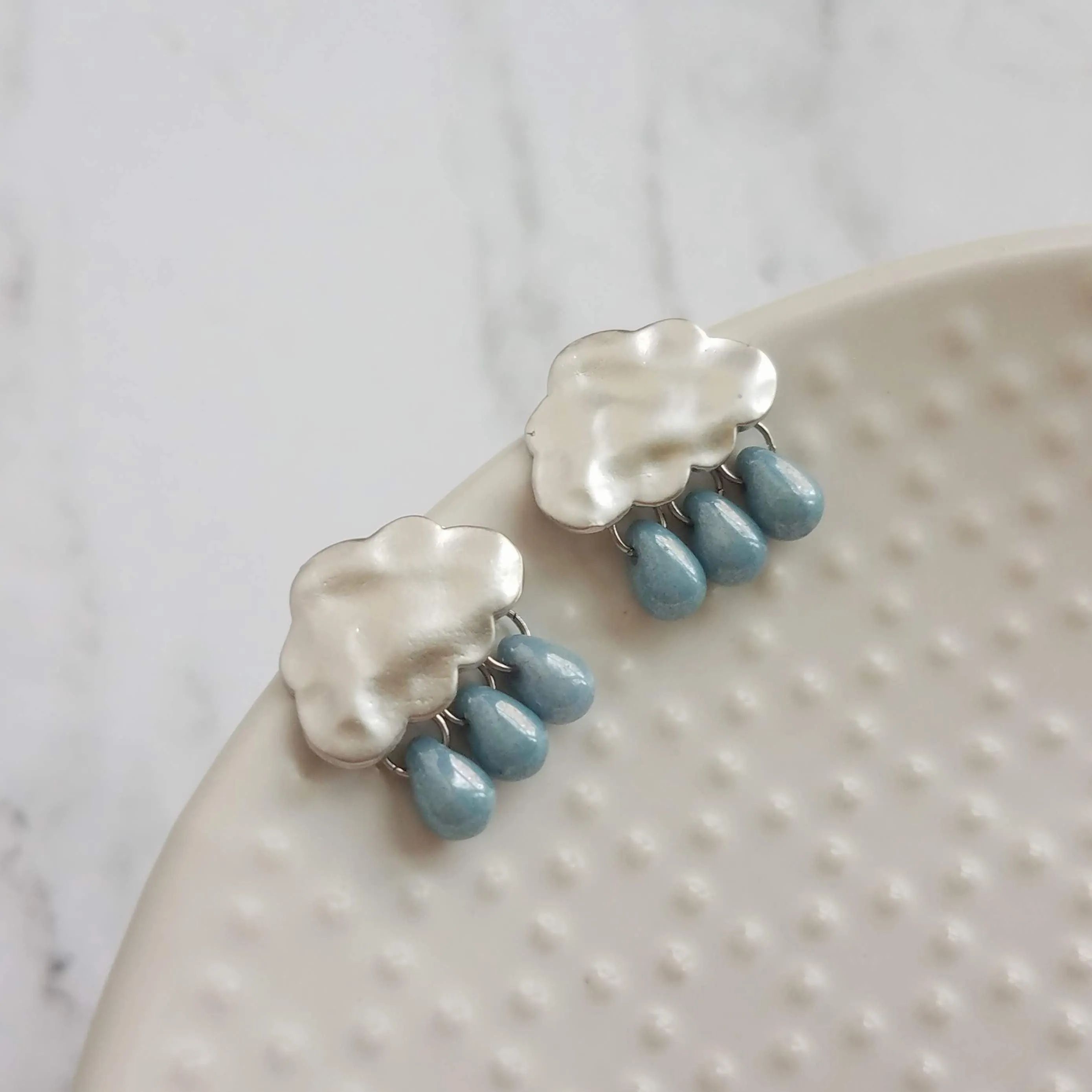 Storm Cloud Earrings - silver cloud earring, blue grey raindrop, sterling silver post, raindrop earring, rain earring, raining cloud earring