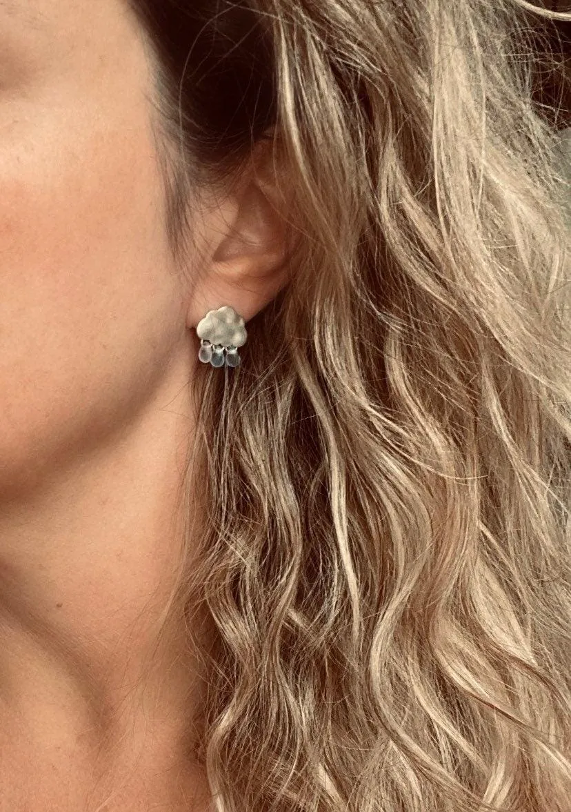 Storm Cloud Earrings - silver cloud earring, blue grey raindrop, sterling silver post, raindrop earring, rain earring, raining cloud earring
