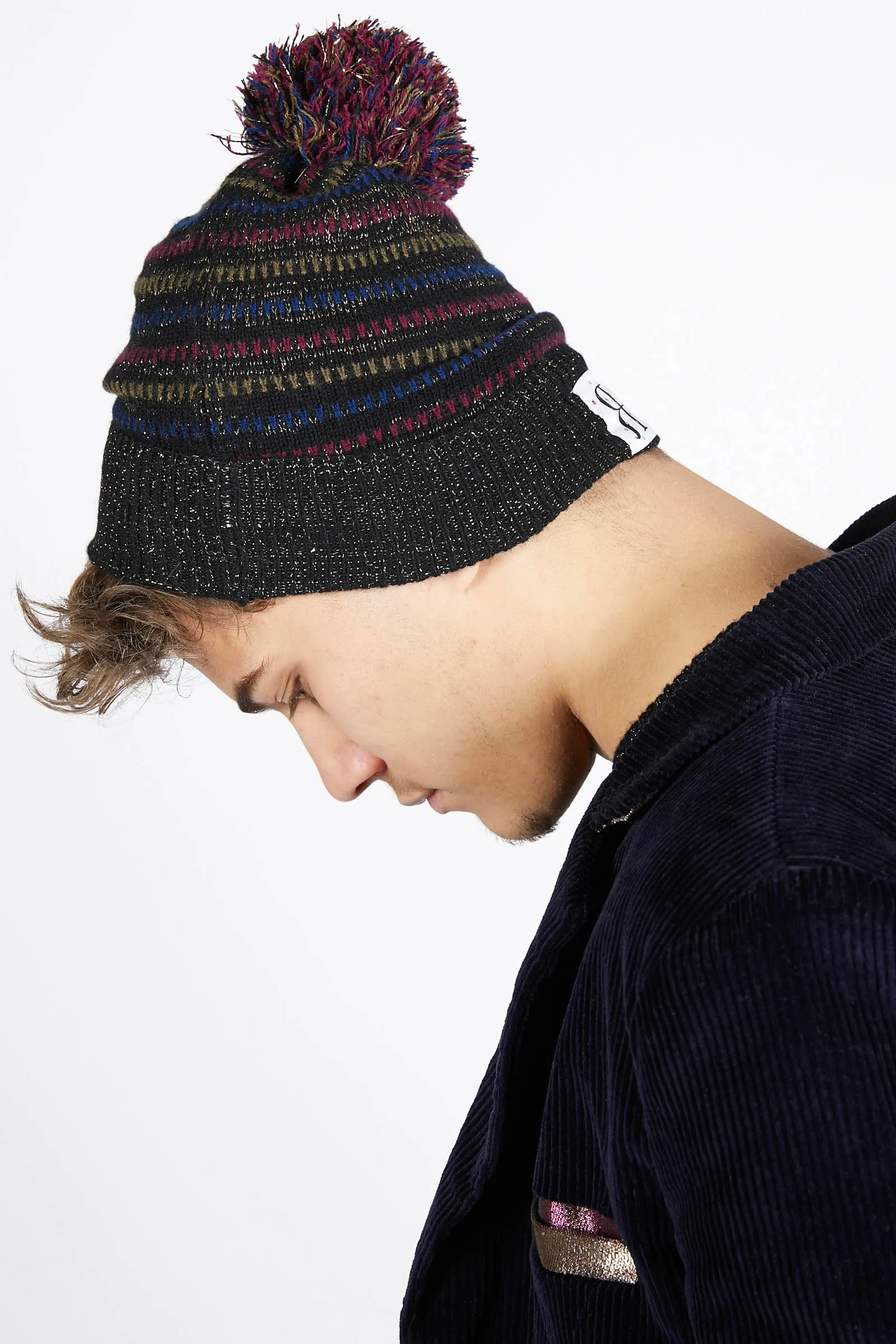 Striped Lurex & Cashmere Pom Pom Beanie