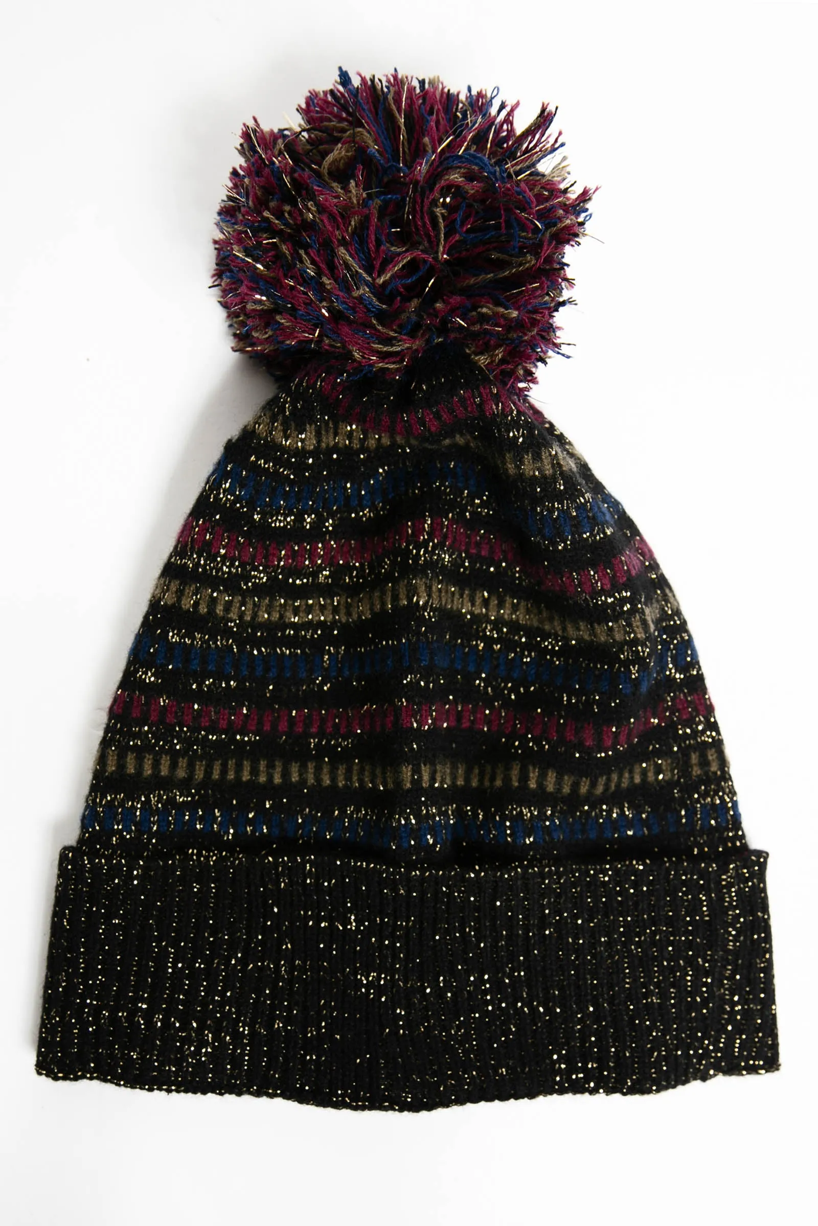 Striped Lurex & Cashmere Pom Pom Beanie
