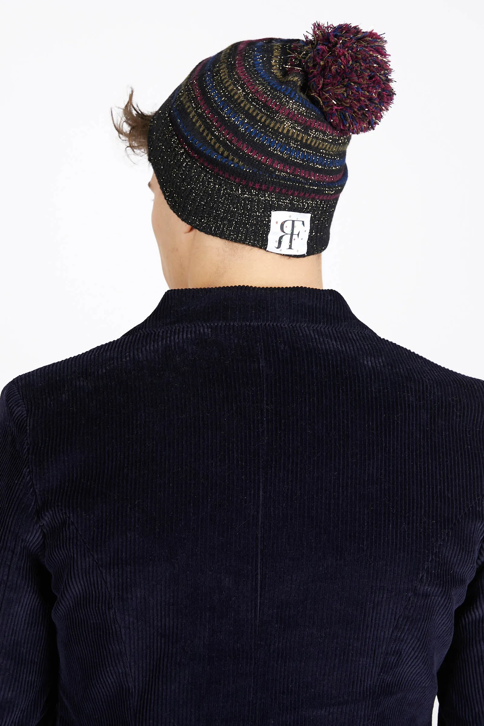 Striped Lurex & Cashmere Pom Pom Beanie