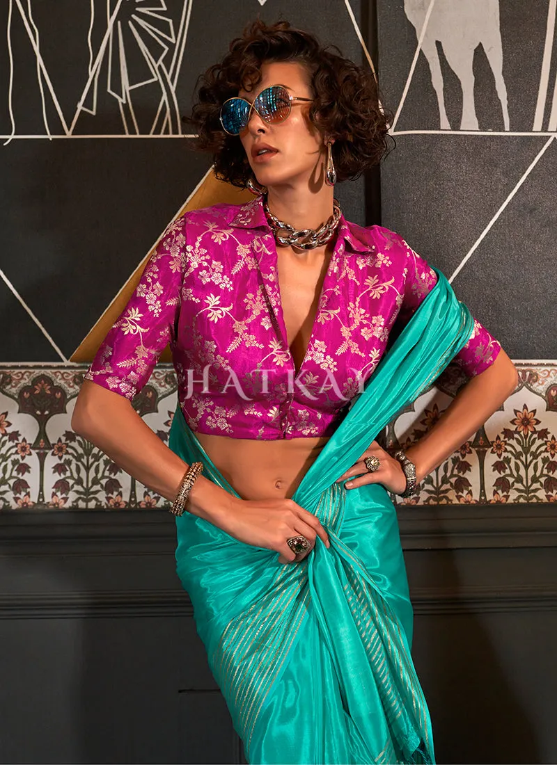 Teal And Pink Silk Saree