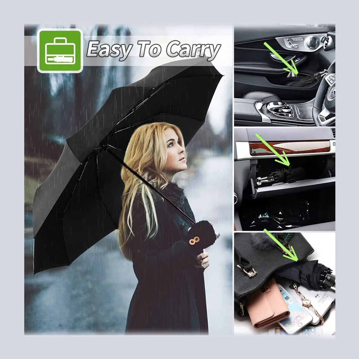 Umbrella for All Cars, 10 Ribs Umbrella Windproof Automatic Folding Umbrella, One-handed use, Rain and Sun Protection, Car Accessories LE13993