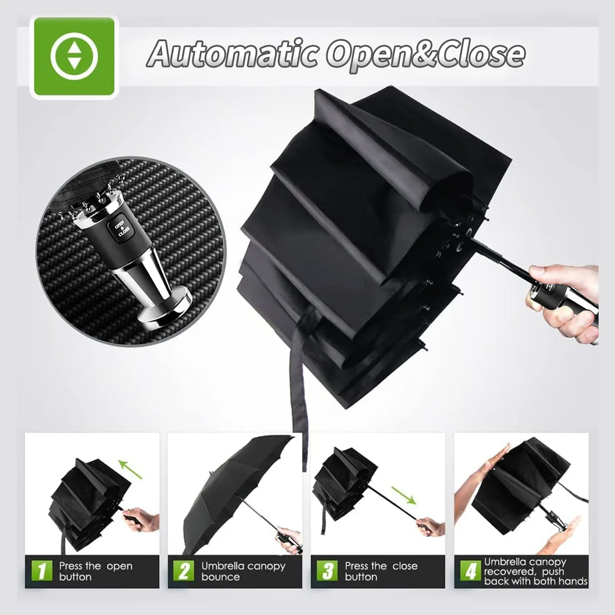 Umbrella for All Cars, 10 Ribs Umbrella Windproof Automatic Folding Umbrella, One-handed use, Rain and Sun Protection, Car Accessories LE13993