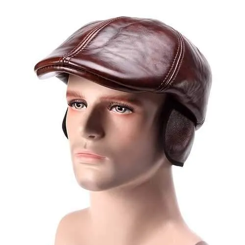 Unisex Cowhide Genuine Leather Earflap Ear Muffs Beret Hat Ear Protective Paper Boy Cabbie Cap