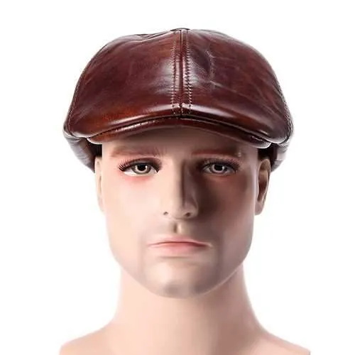 Unisex Cowhide Genuine Leather Earflap Ear Muffs Beret Hat Ear Protective Paper Boy Cabbie Cap
