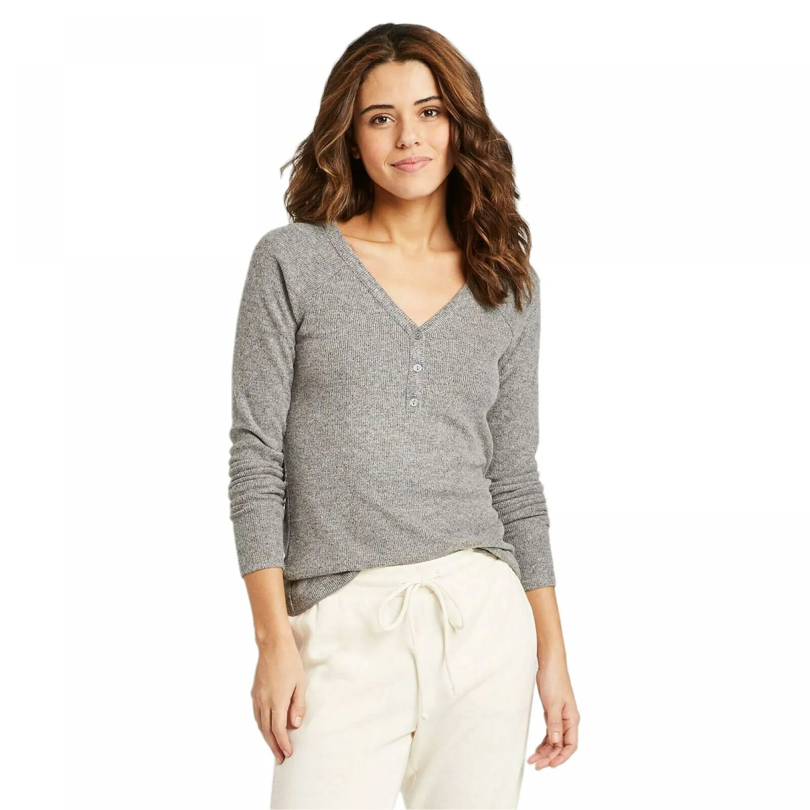 Universal Thread Women's Long Sleeve V-Neck Cozy Rib Henley Shirt