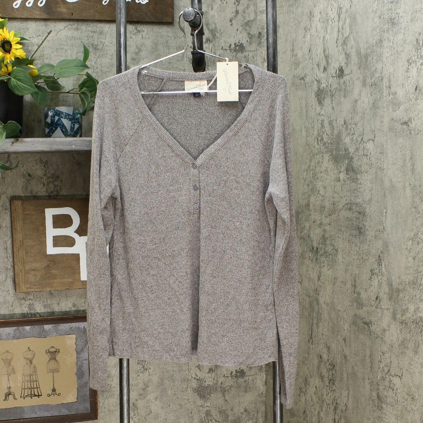 Universal Thread Women's Long Sleeve V-Neck Cozy Rib Henley Shirt