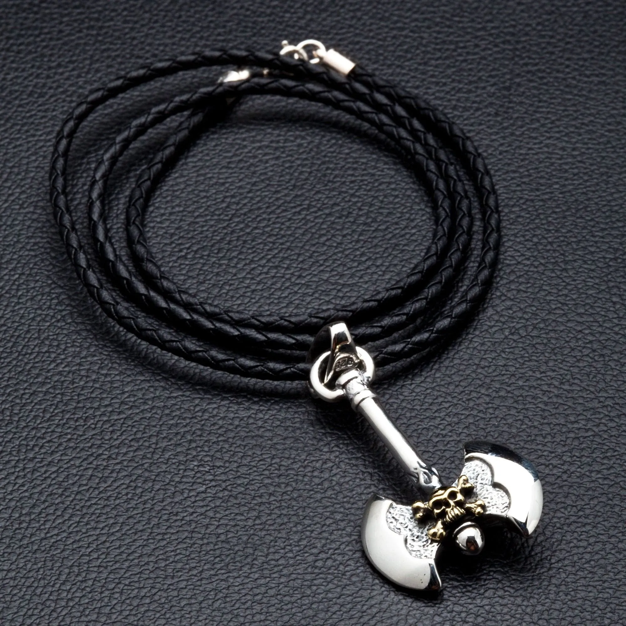 Viking Skull Axe Sterling Silver Biker Pendant Necklace