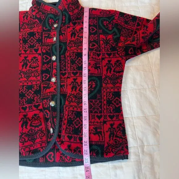 Vintage Obermeyer Red Black Scandinavian Nordic Graphic Fleece Button Jacket - S