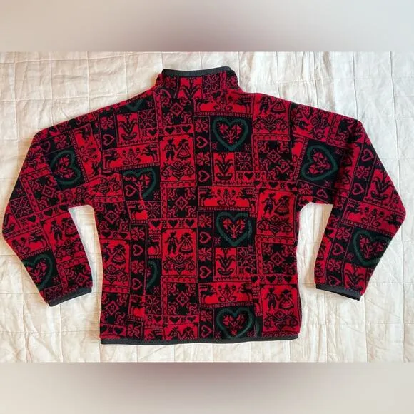 Vintage Obermeyer Red Black Scandinavian Nordic Graphic Fleece Button Jacket - S