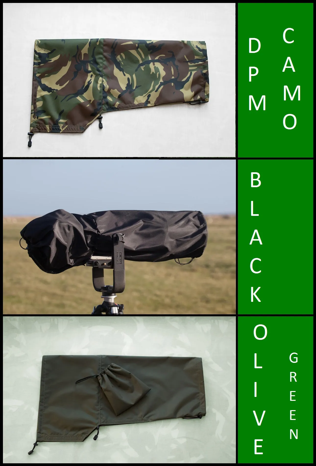 Waterproof Lens Rain Cover For Sigma 120-300 F2.8  DG OS HSM in DPM Camo, Olive green, Black colours