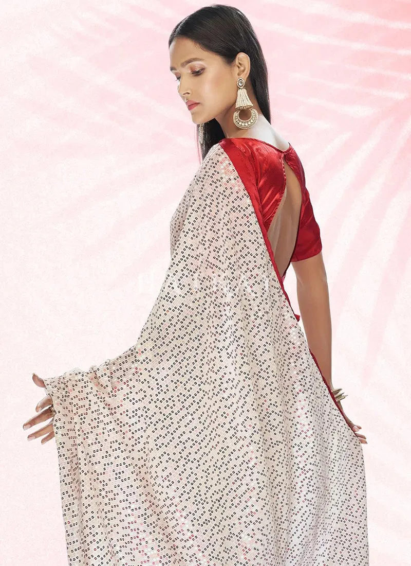 White And Red Designer Saree