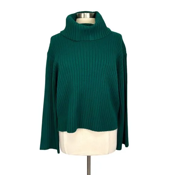 White House Black Market WHBM Womens Flare Sleeve Turtleneck Sweater Green Large