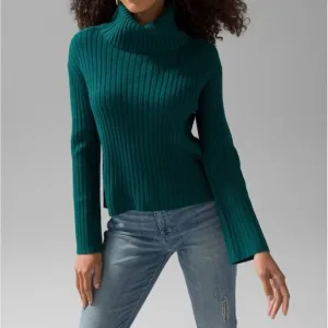 White House Black Market WHBM Womens Flare Sleeve Turtleneck Sweater Green Large