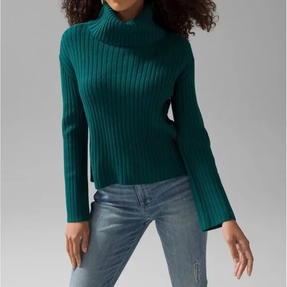 White House Black Market WHBM Womens Flare Sleeve Turtleneck Sweater Green Large