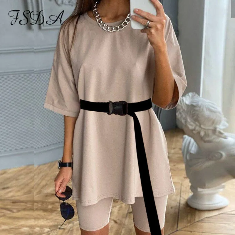 Women Set O Neck T-shirt and Biker Short