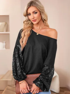 Womens Black Sequin Patchwork Sleeve Open Back Waffle Knit Top
