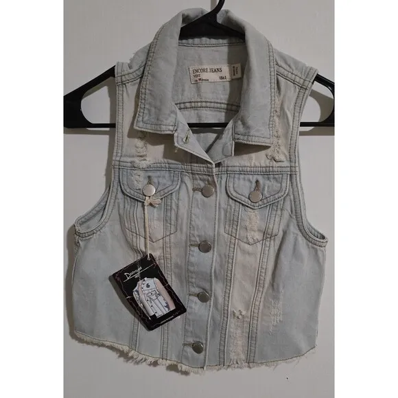 WOMEN'S SMALL DENIM TRUCKER VEST DISTRESSED BUTTON SLEEVELESS Y2K by ENCORE NWT
