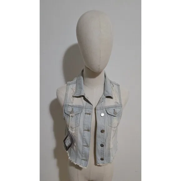 WOMEN'S SMALL DENIM TRUCKER VEST DISTRESSED BUTTON SLEEVELESS Y2K by ENCORE NWT