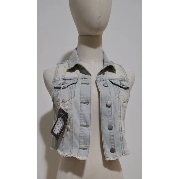 WOMEN'S SMALL DENIM TRUCKER VEST DISTRESSED BUTTON SLEEVELESS Y2K by ENCORE NWT