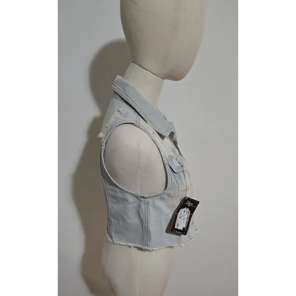 WOMEN'S SMALL DENIM TRUCKER VEST DISTRESSED BUTTON SLEEVELESS Y2K by ENCORE NWT