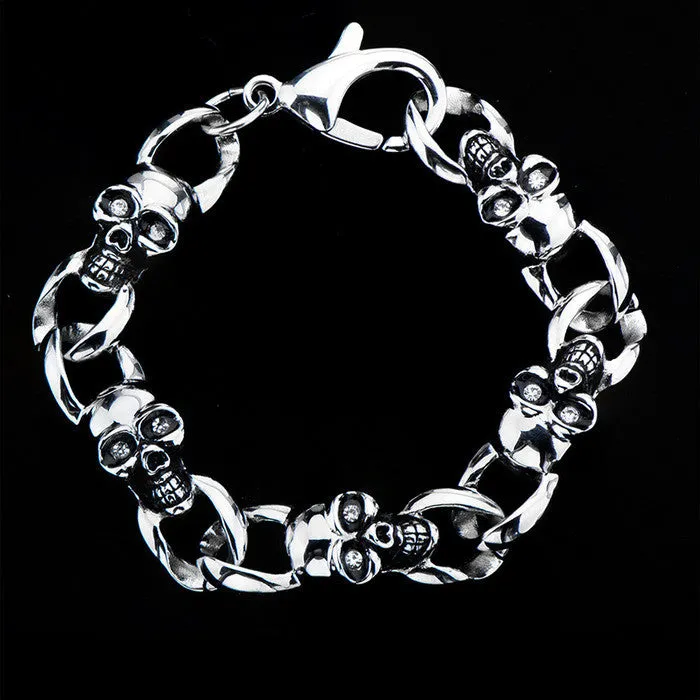 Women's Stainless Steel Skulls with Clear CZ Eyes Link Bracelet