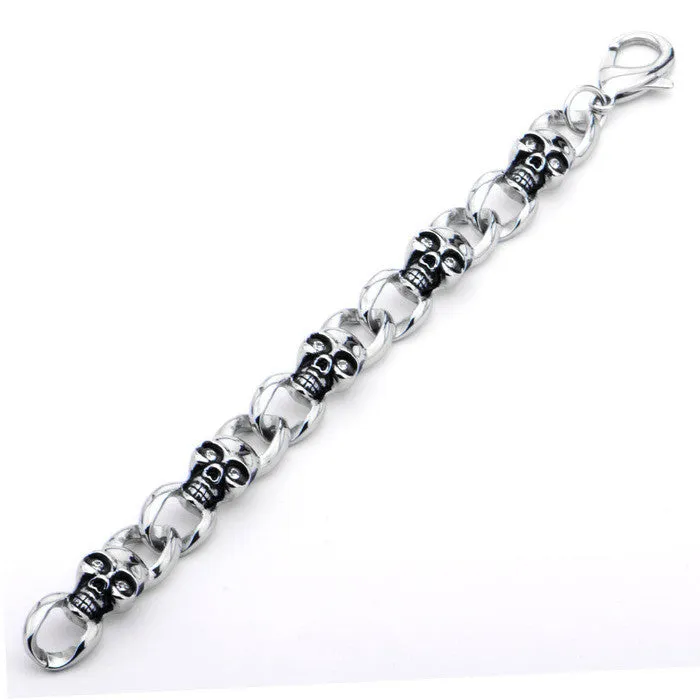 Women's Stainless Steel Skulls with Clear CZ Eyes Link Bracelet