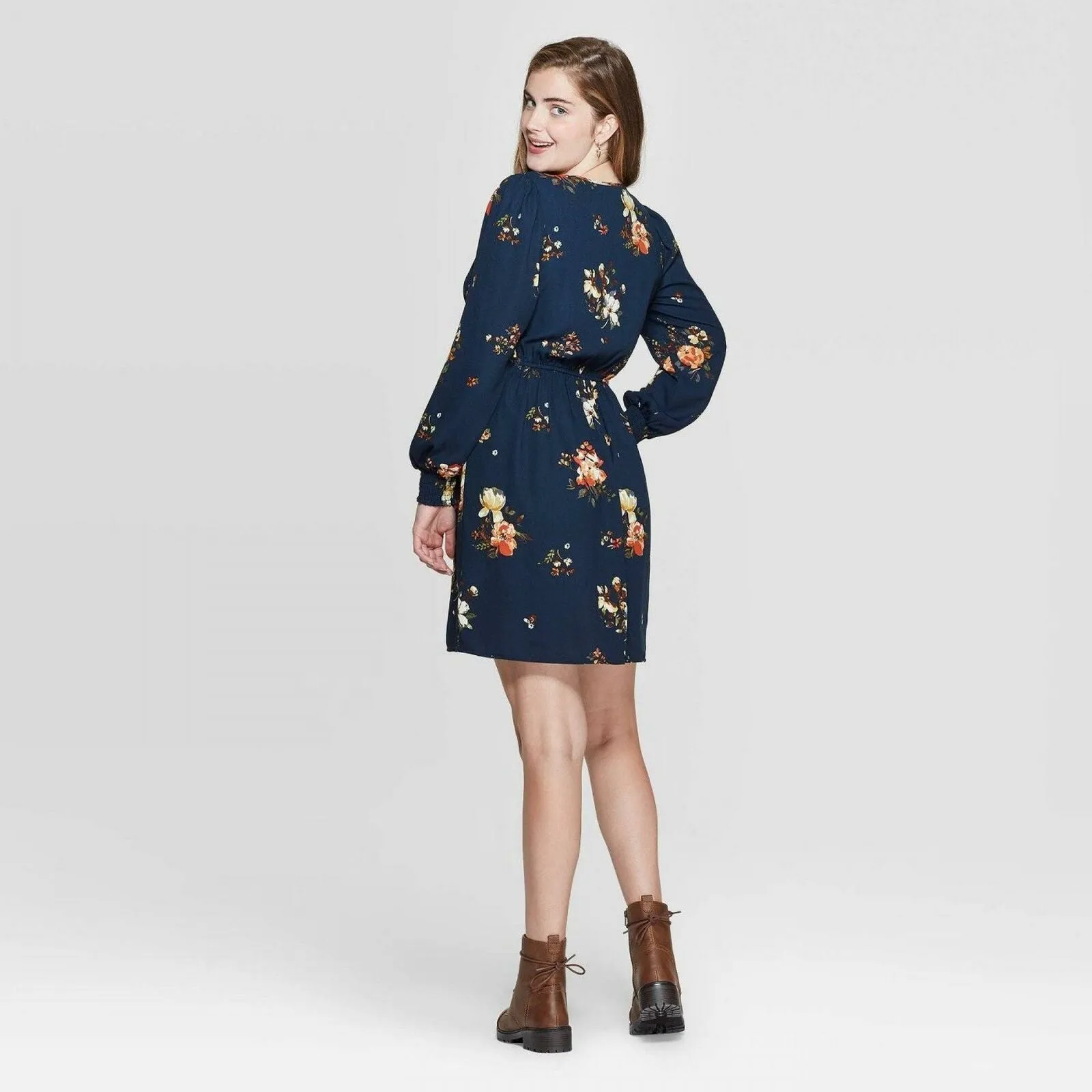 Xhilaration Women's Floral Print V-Neck Smocked Waist Mini Dress