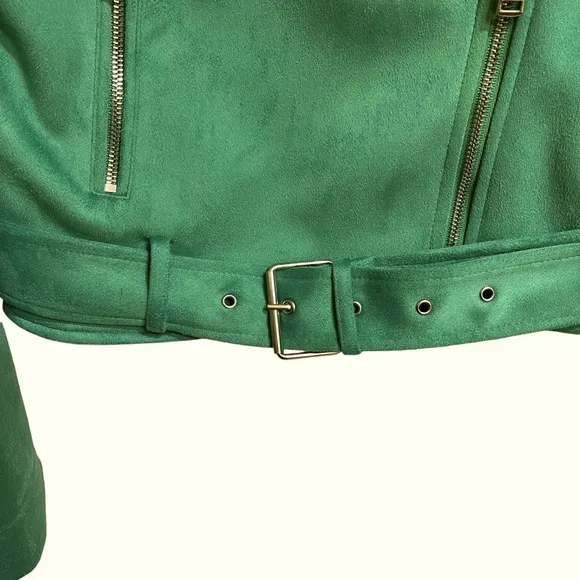 Zara Faux Suede Apple Green Belted Moto Jacket Gold Hardware Cropped Size Medium