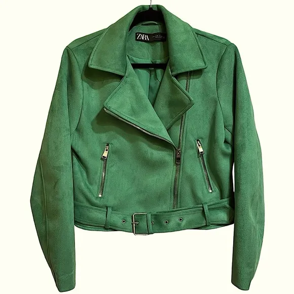 Zara Faux Suede Apple Green Belted Moto Jacket Gold Hardware Cropped Size Medium