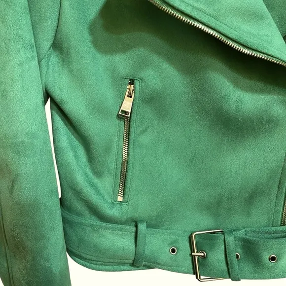 Zara Faux Suede Apple Green Belted Moto Jacket Gold Hardware Cropped Size Medium