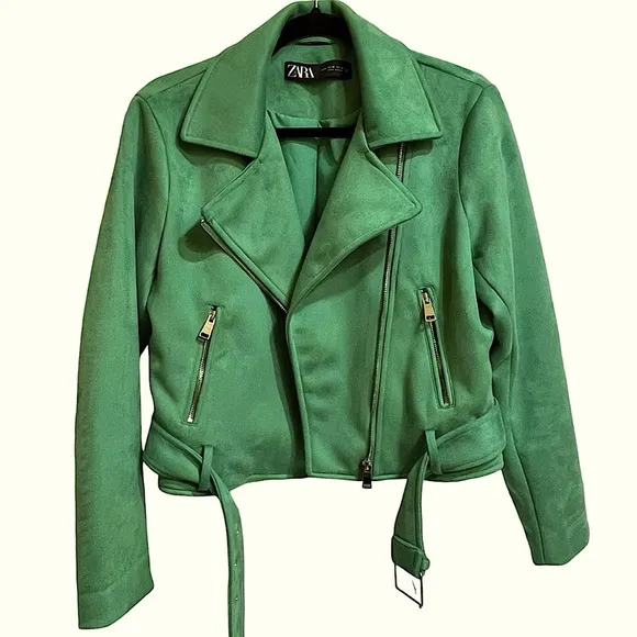 Zara Faux Suede Apple Green Belted Moto Jacket Gold Hardware Cropped Size Medium