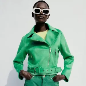 Zara Faux Suede Apple Green Belted Moto Jacket Gold Hardware Cropped Size Medium