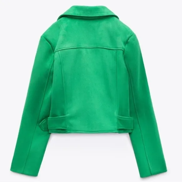 Zara Faux Suede Apple Green Belted Moto Jacket Gold Hardware Cropped Size Medium