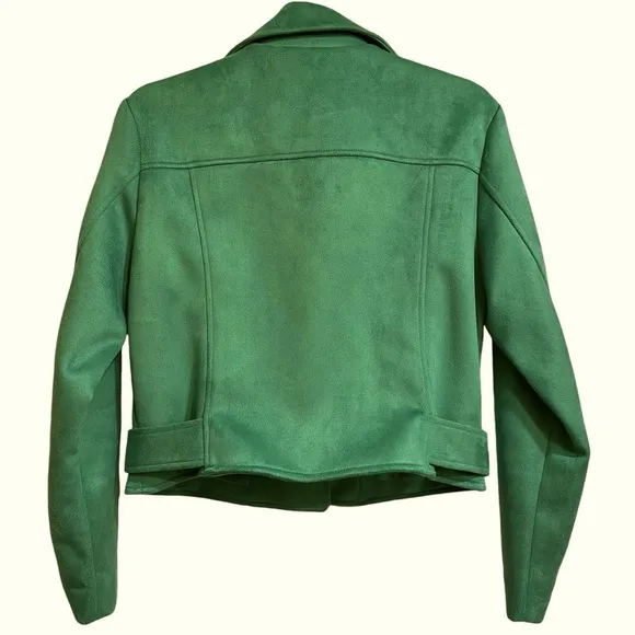 Zara Faux Suede Apple Green Belted Moto Jacket Gold Hardware Cropped Size Medium