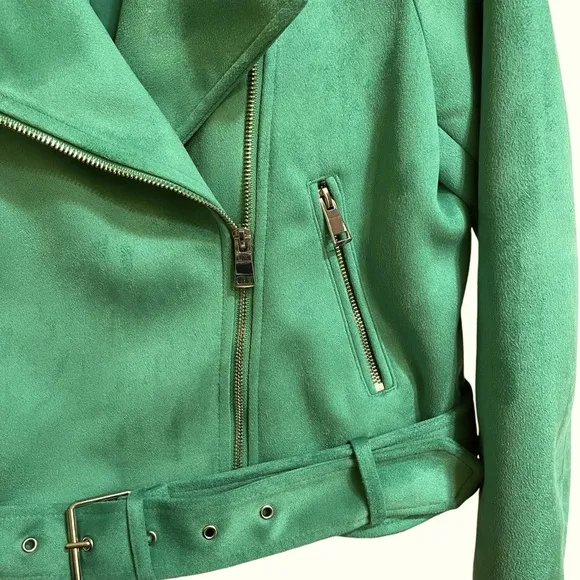 Zara Faux Suede Apple Green Belted Moto Jacket Gold Hardware Cropped Size Medium